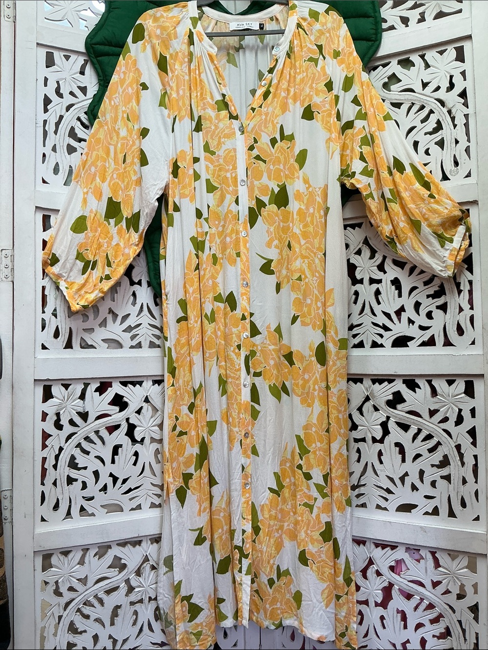 Ava Sky long sleeve button down maxi dress, white/orange/green floral. Size XL
